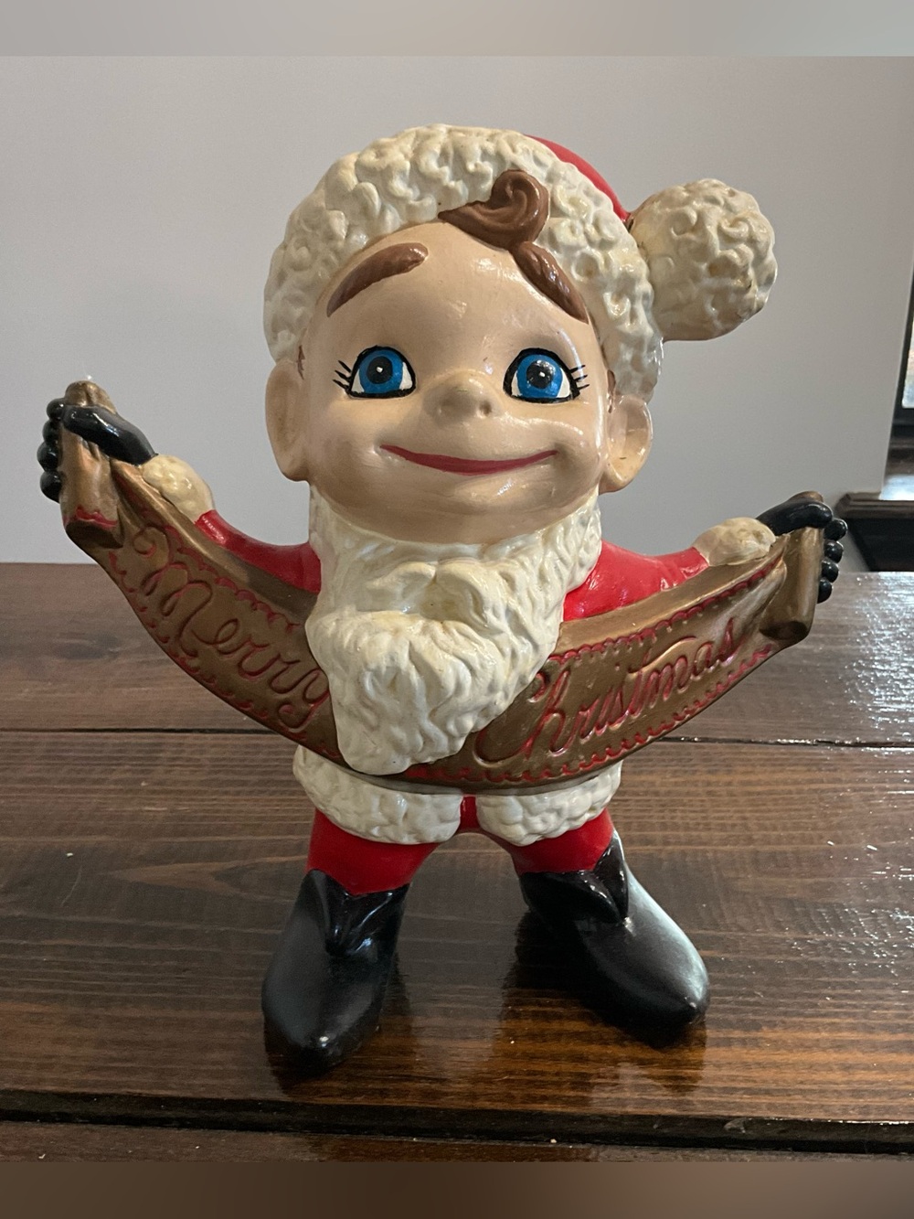 Vintage Ceramic Elf Mold in Santa Hat with Merry Christmas Banner